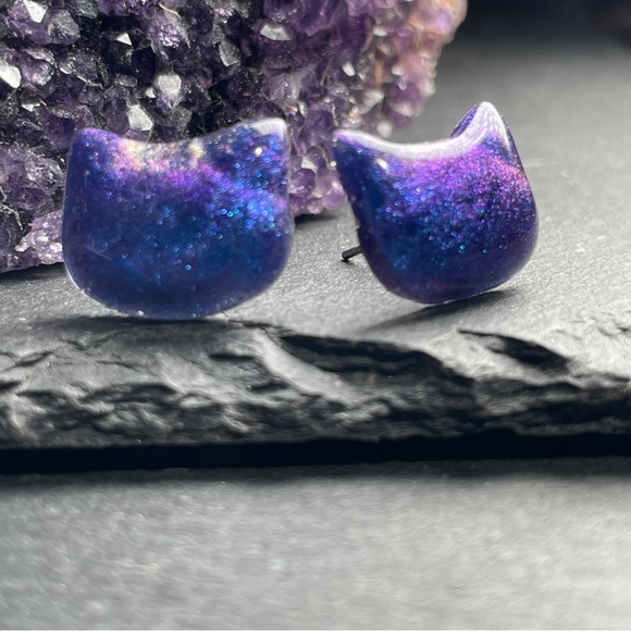Custom Purple and Blue Sparkling Cat Hand Crafted Stud Post Earrings - Picture 6 of 10